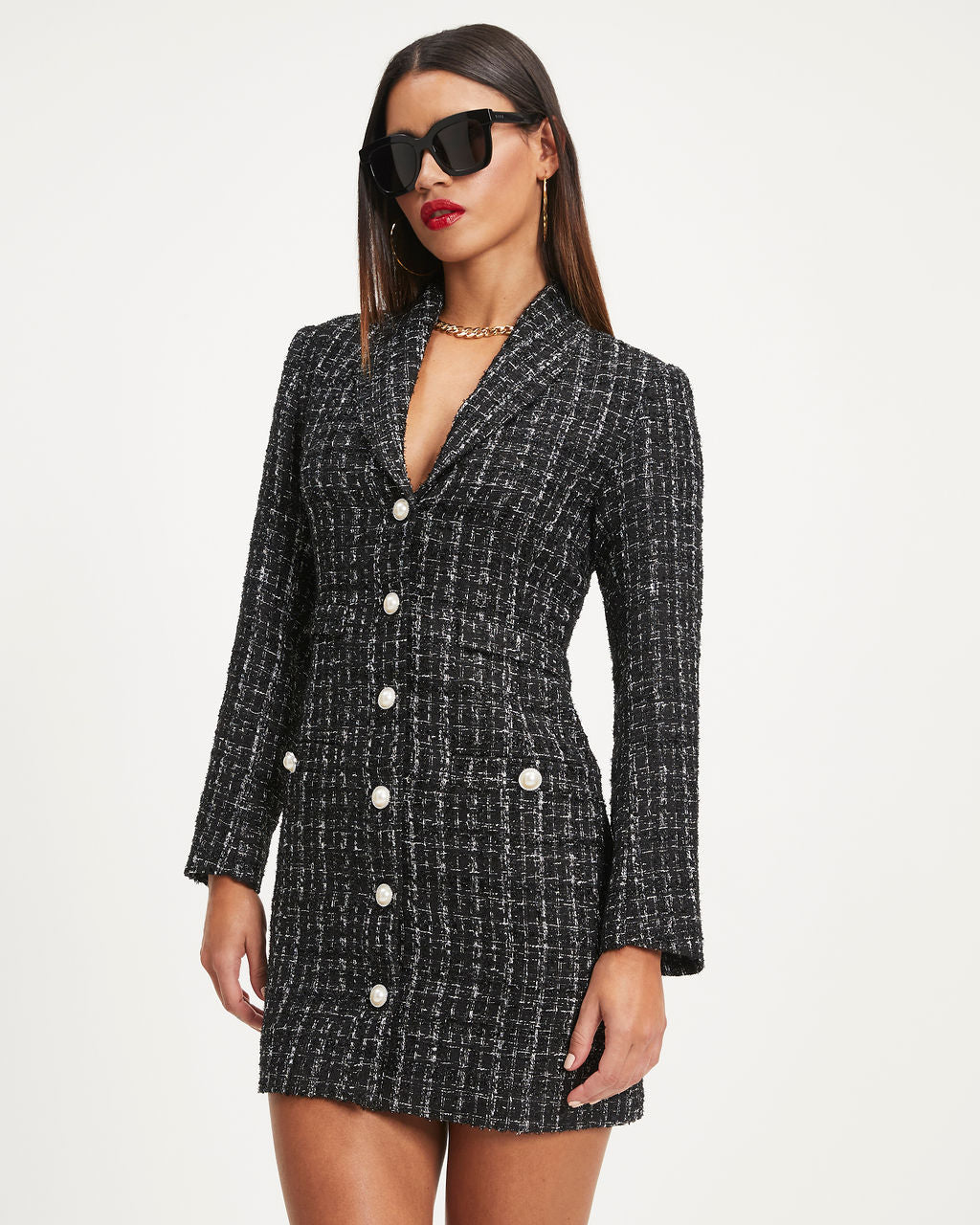 Catwalk Strut Tweed Pocketed Blazer Dress - Black