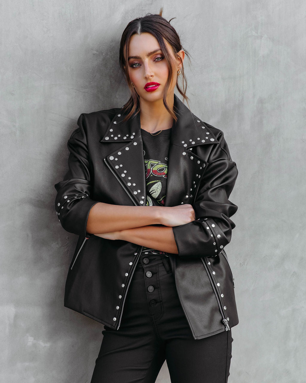 Davidson Faux Leather Pocketed Studded Jacket - Black