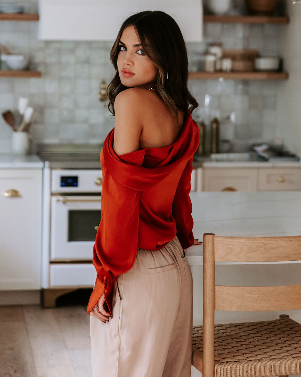 Runway Girl Satin Off Shoulder Top - Rust