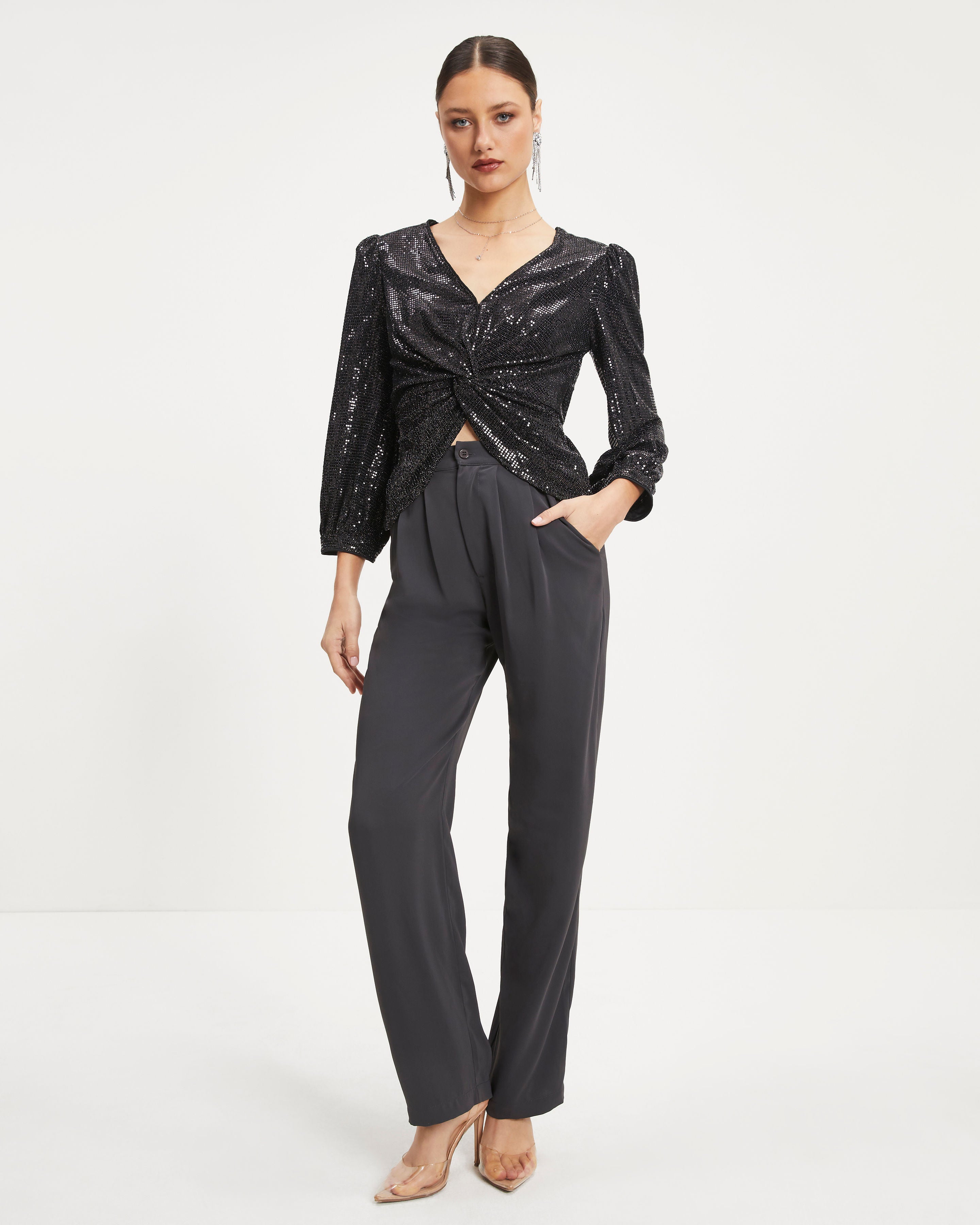 Disco Queen Twisted Front Sequin Top - Black
