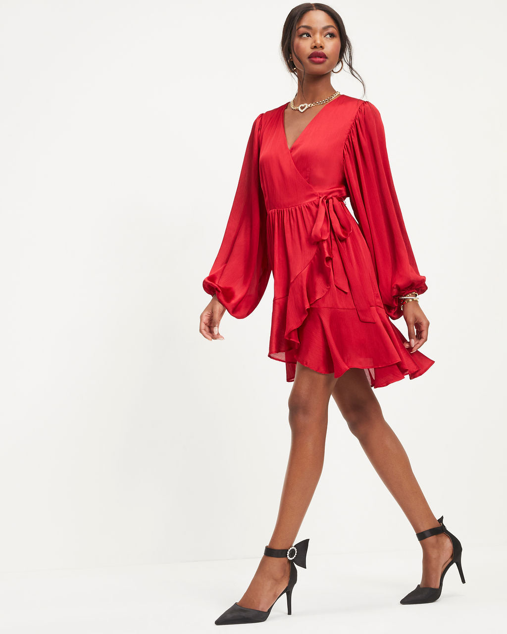 Whitney Satin Wrap Ruffle Mini Dress - Red