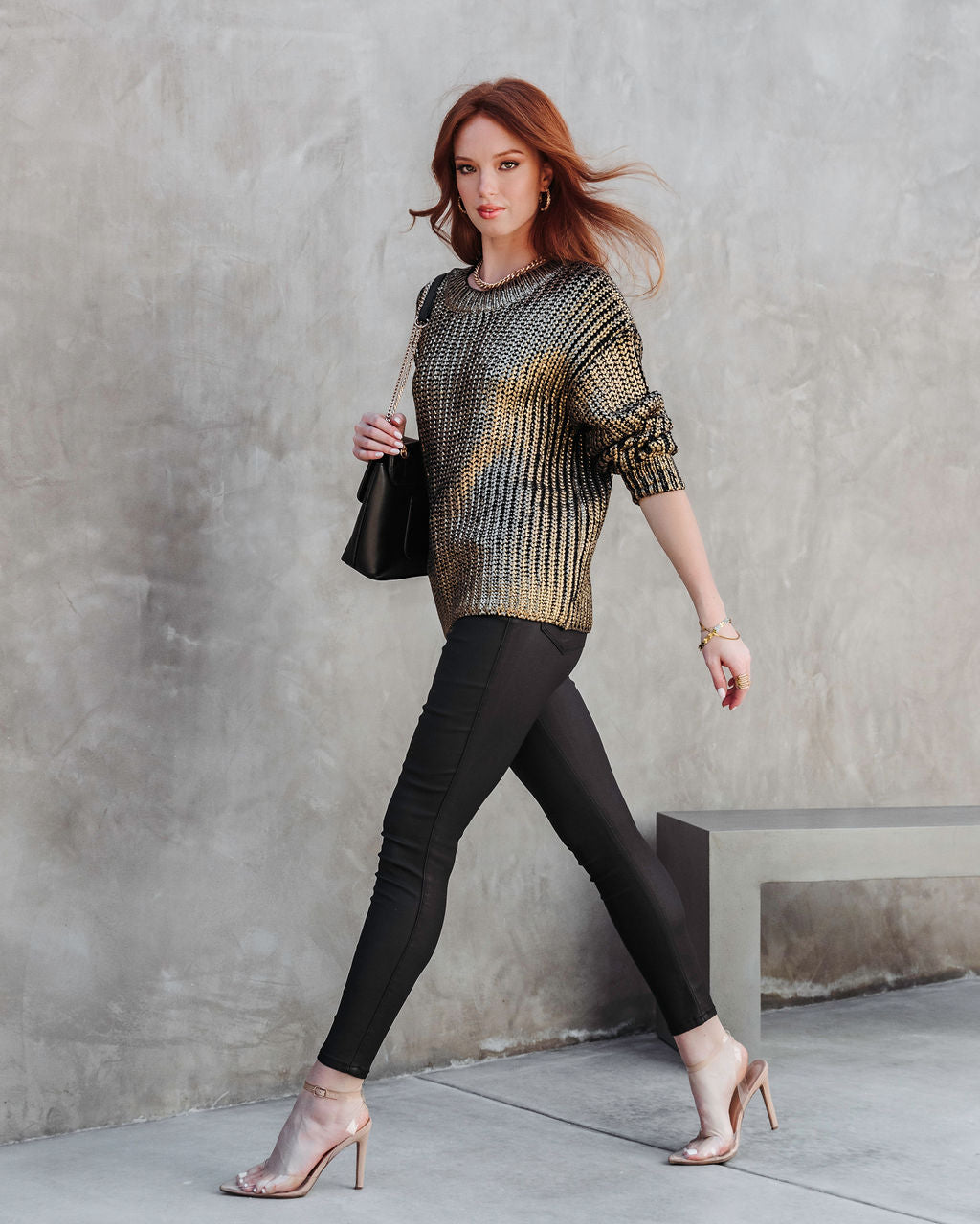 Delightful Cheer Metallic Knit Pullover Sweater - Gold