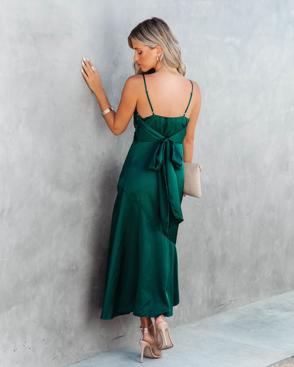 Just Go With It Satin Slit Midi Dress - Hunter Green