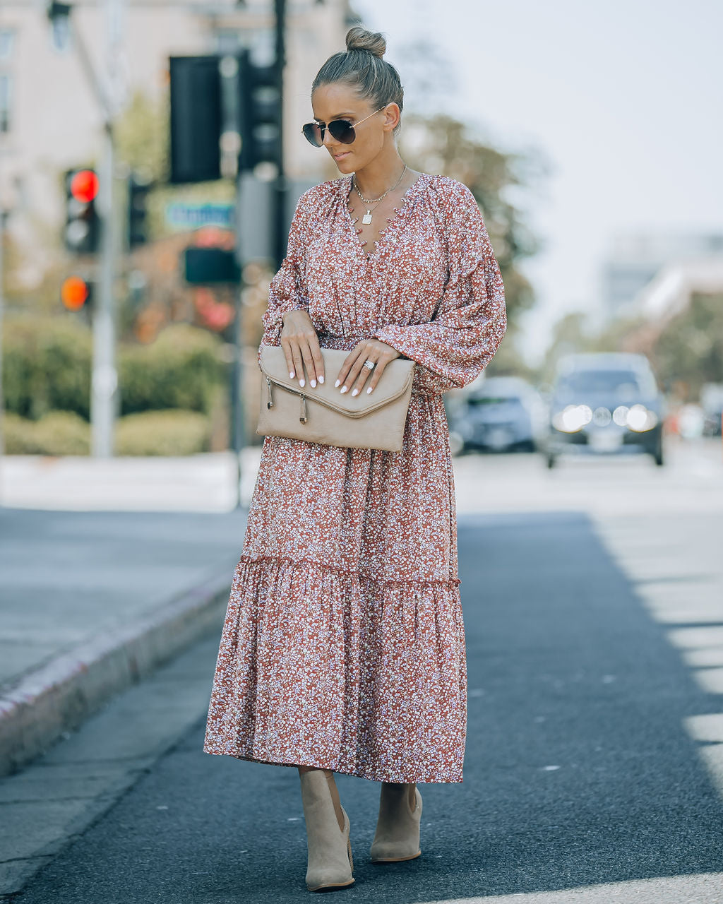 Autumn Flower Fields Smocked Ruffle Midi Dress