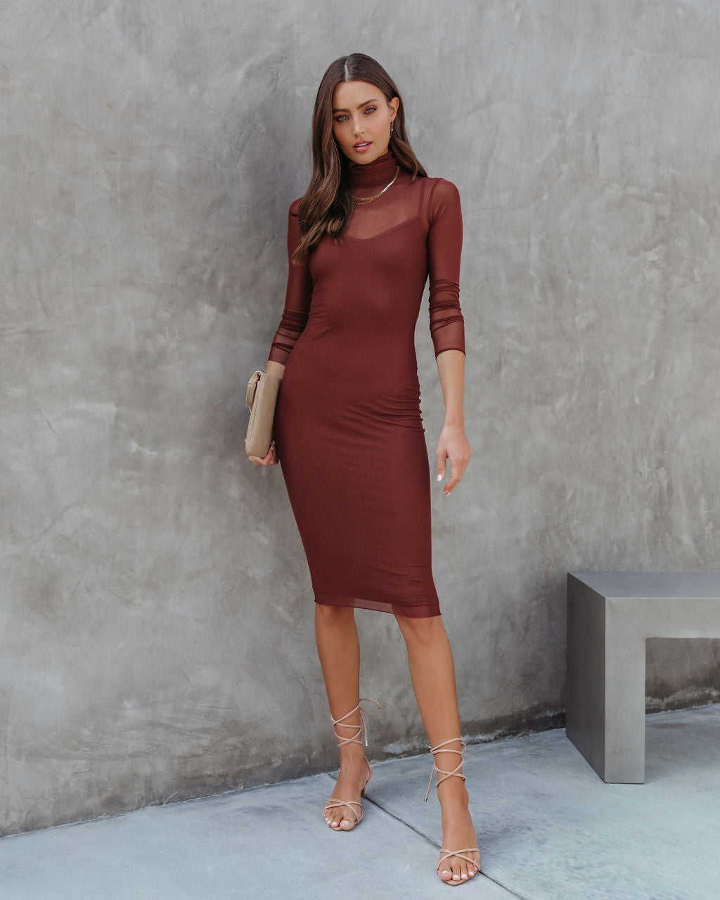Know Your Worth Sheer Turtleneck Midi Dress - Chocolate