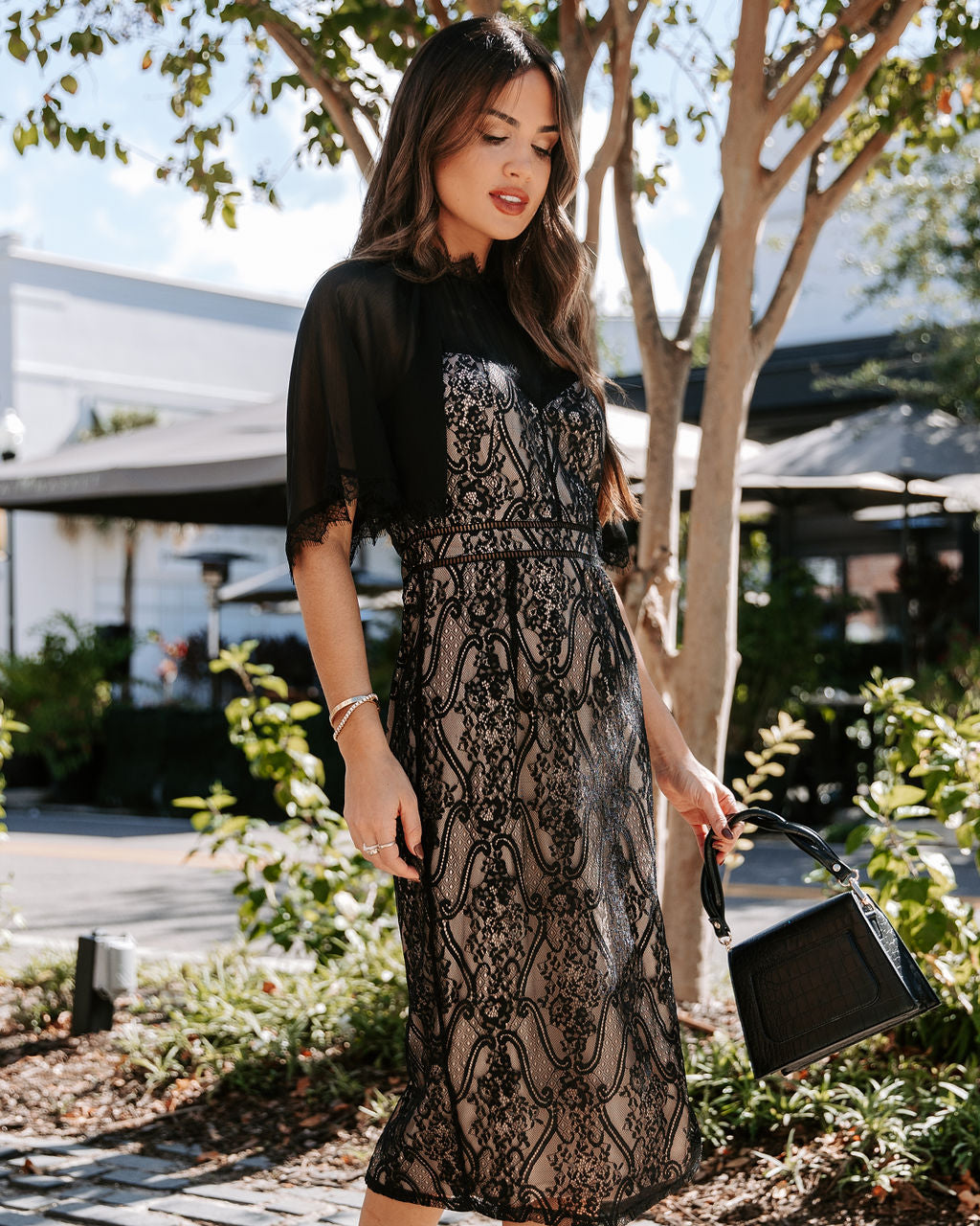 Bring On The Night Lace Chiffon Sleeve Midi Dress - Black
