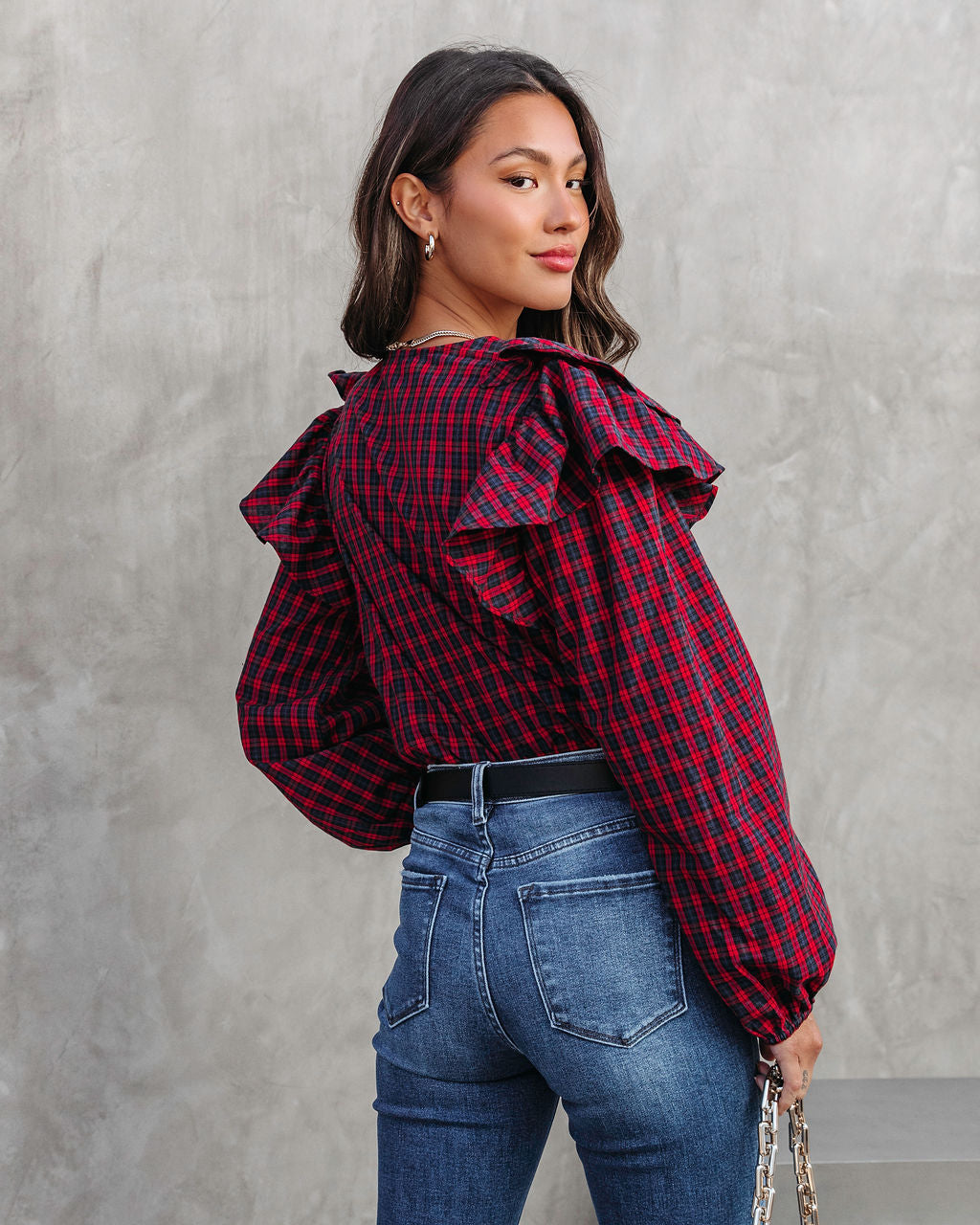 Clara Plaid Ruffle Long Sleeve Top - Red