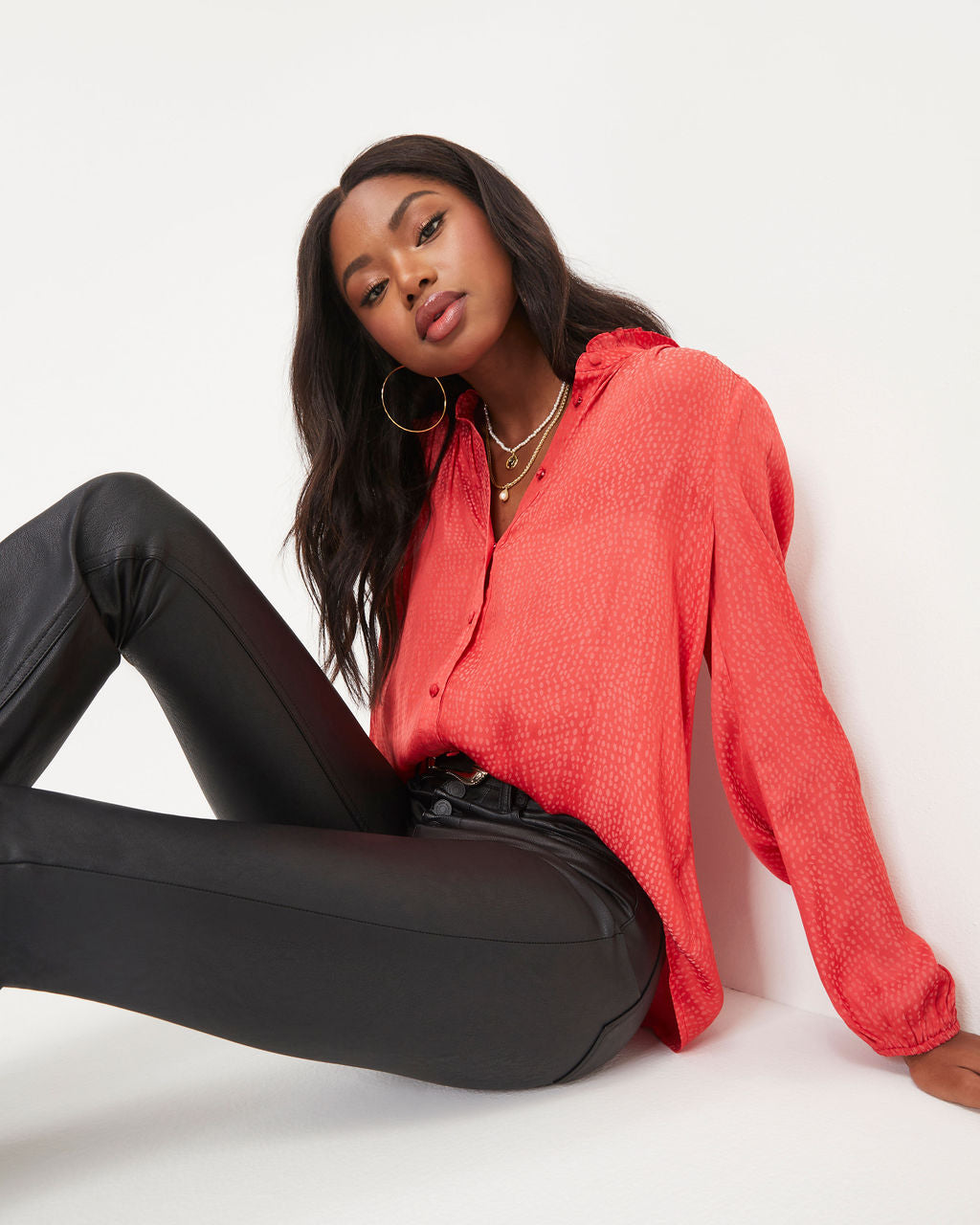 Riley Satin Embossed Button Down Top