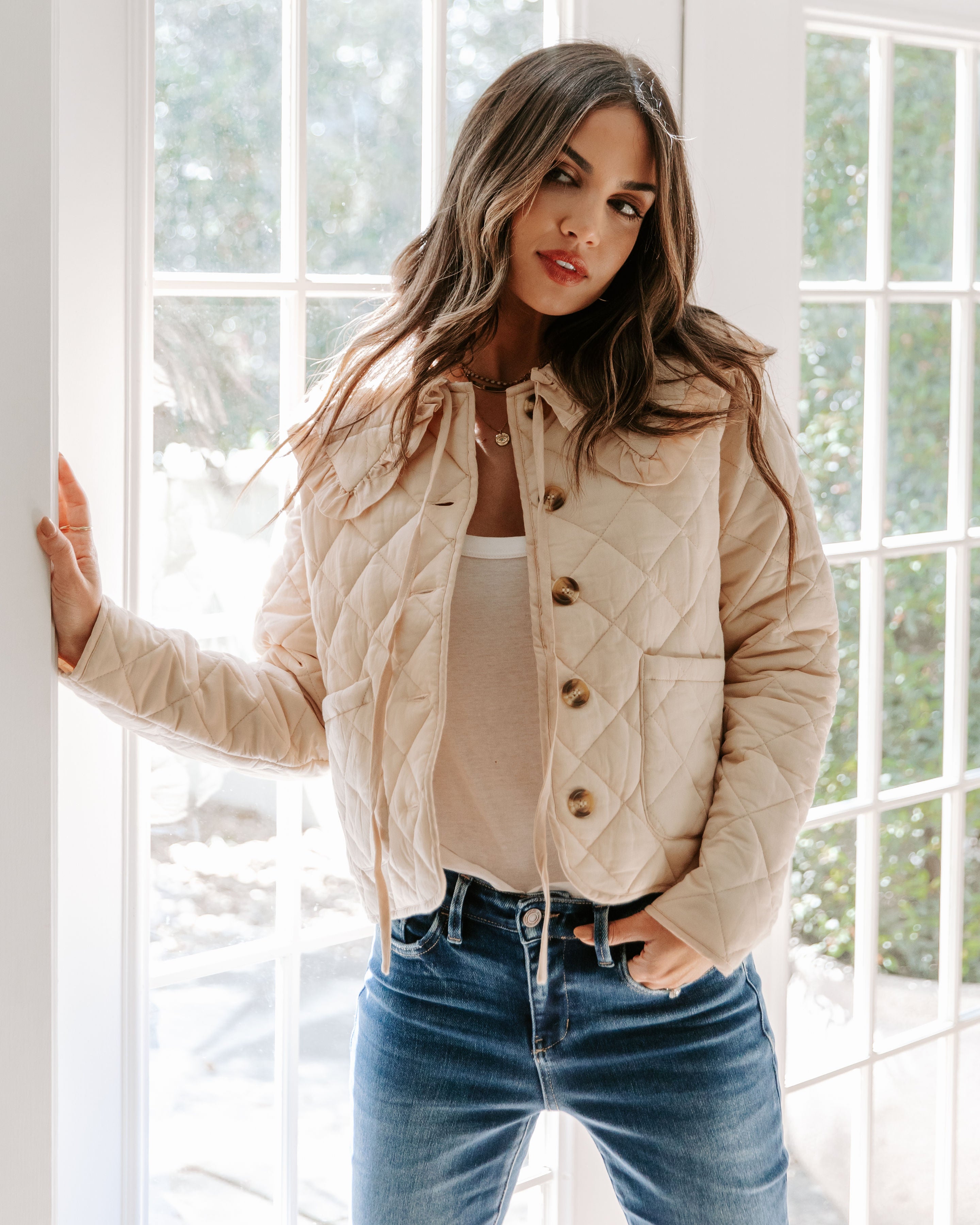 Loretta Cotton Pocketed Quilted Jacket - Beige