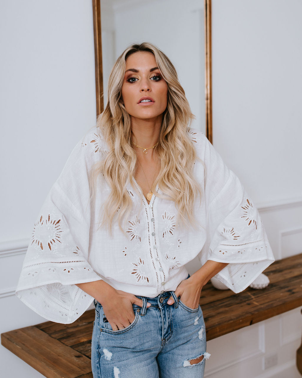 Je T'aime Eyelet Button Down Top - Off White