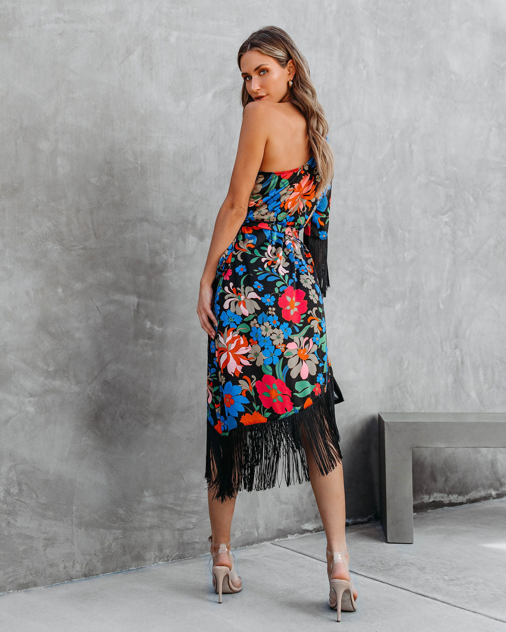 Rosalia Floral One Shoulder Fringe Midi Dress