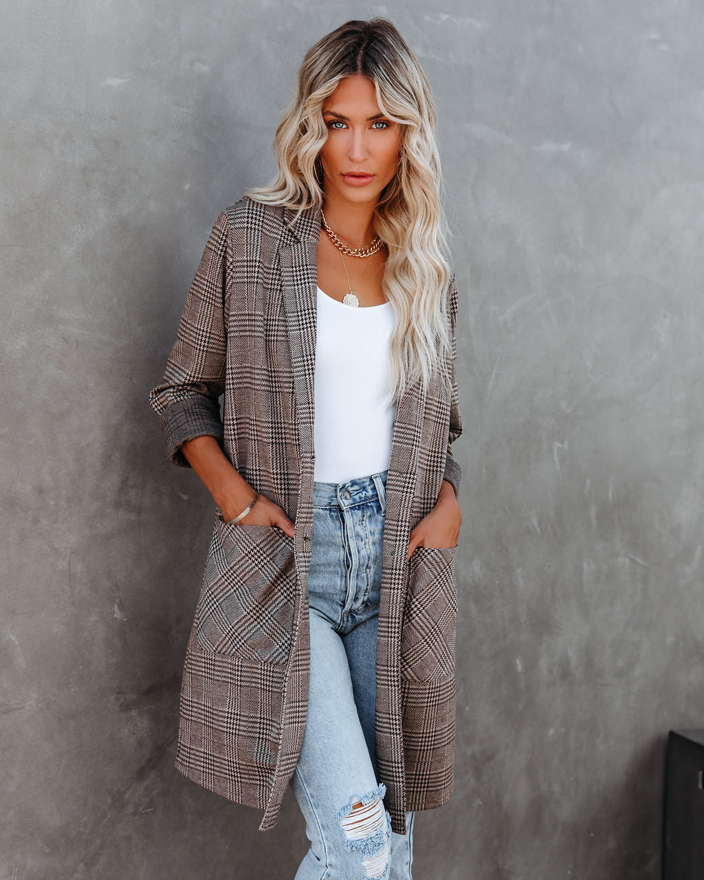 New Jersey Pocketed Plaid Knit Coatigan
