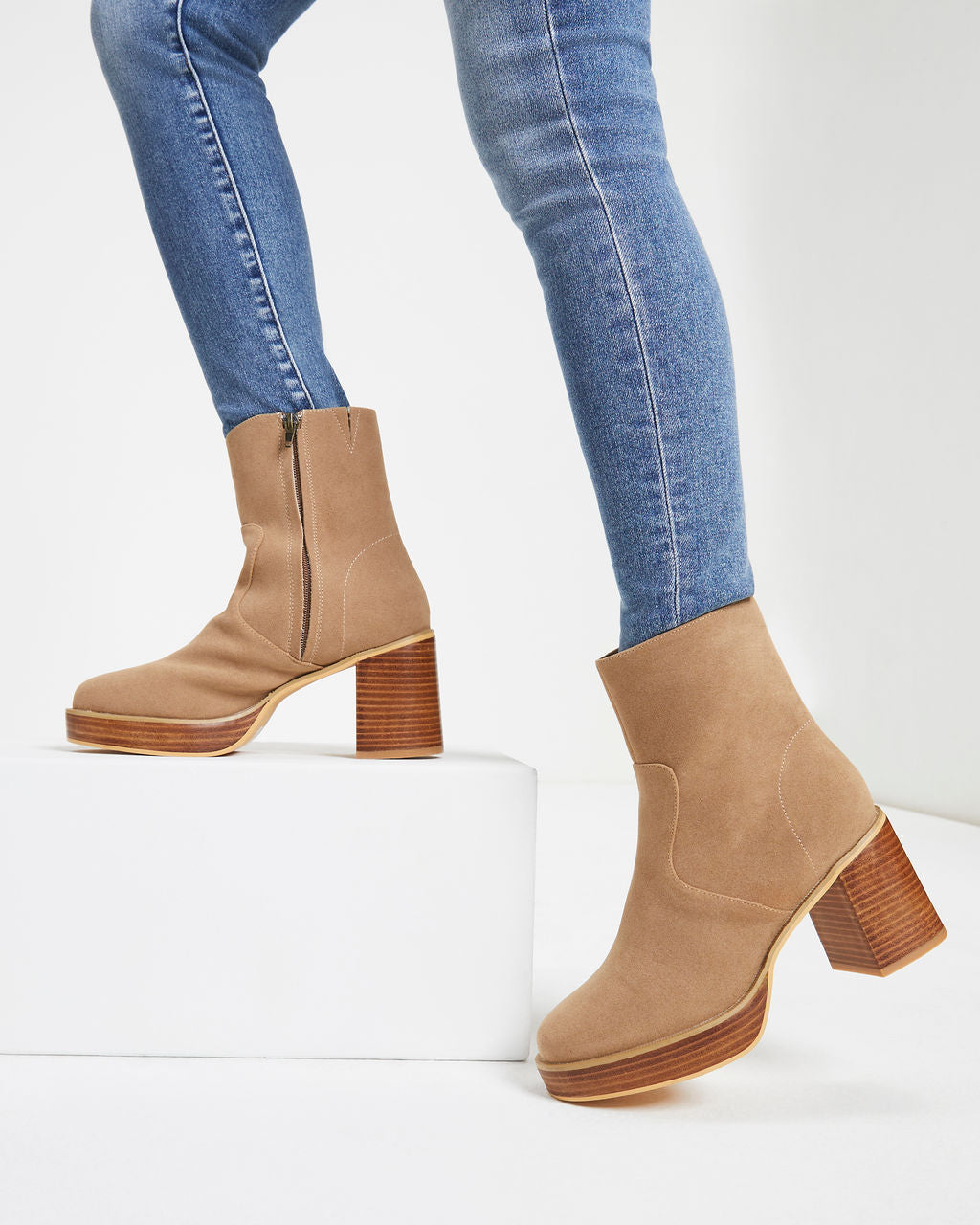 Misha Heeled Faux Suede Platform Bootie - Khaki