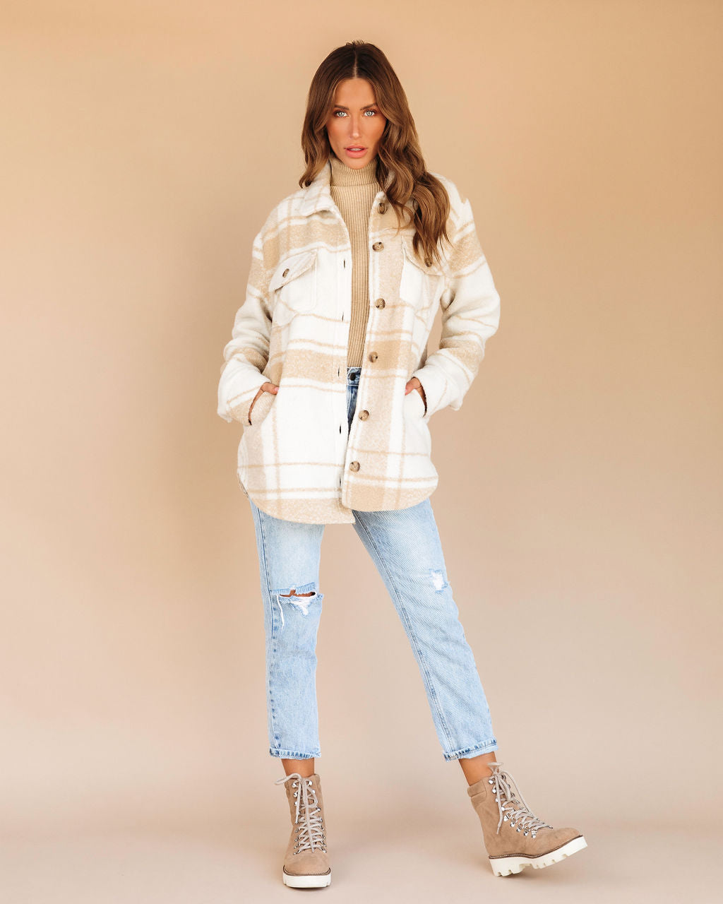 Weekend Road Trip Plaid Pocketed Jacket - Cream