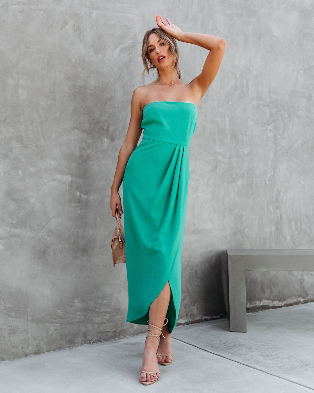 Aglow Strapless Draped Midi Dress - Emerald - FINAL SALE