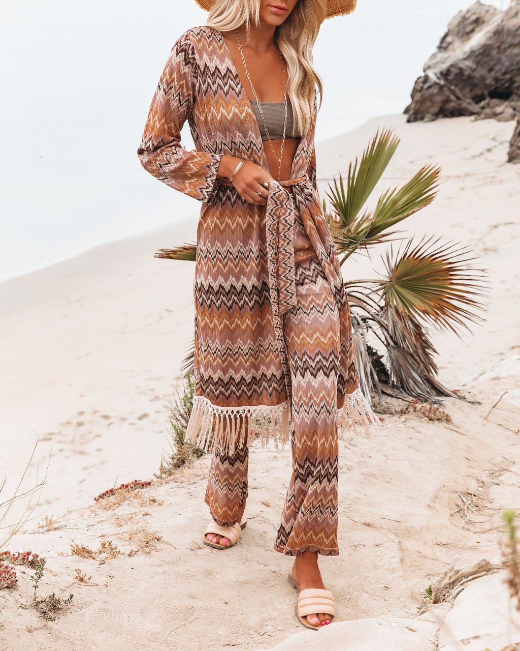 Margarite Chevron Fringe Belted Duster Cardigan - FINAL SALE