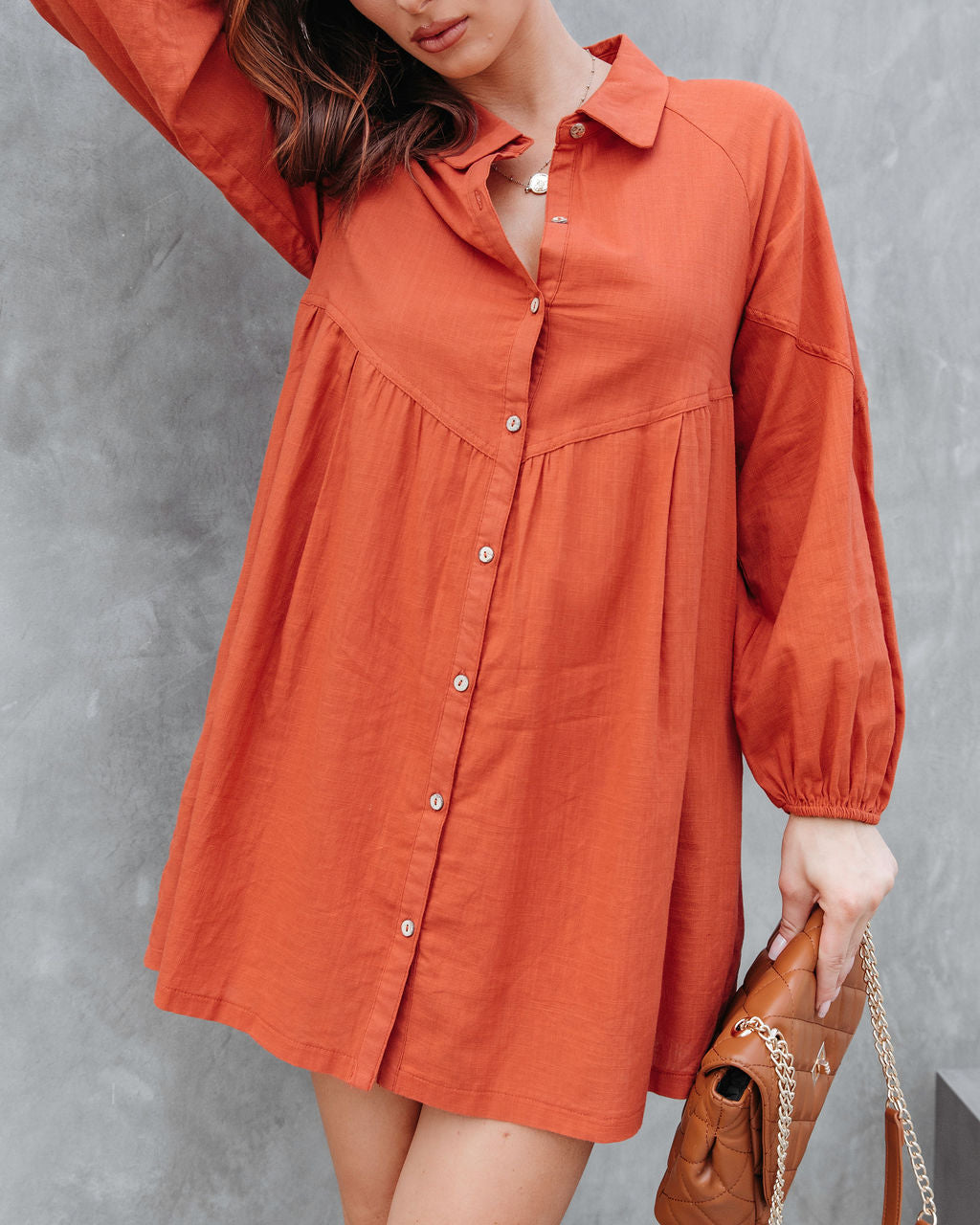 Little Bit Of Spice Pocketed Button Down Shirt Dress - Rust