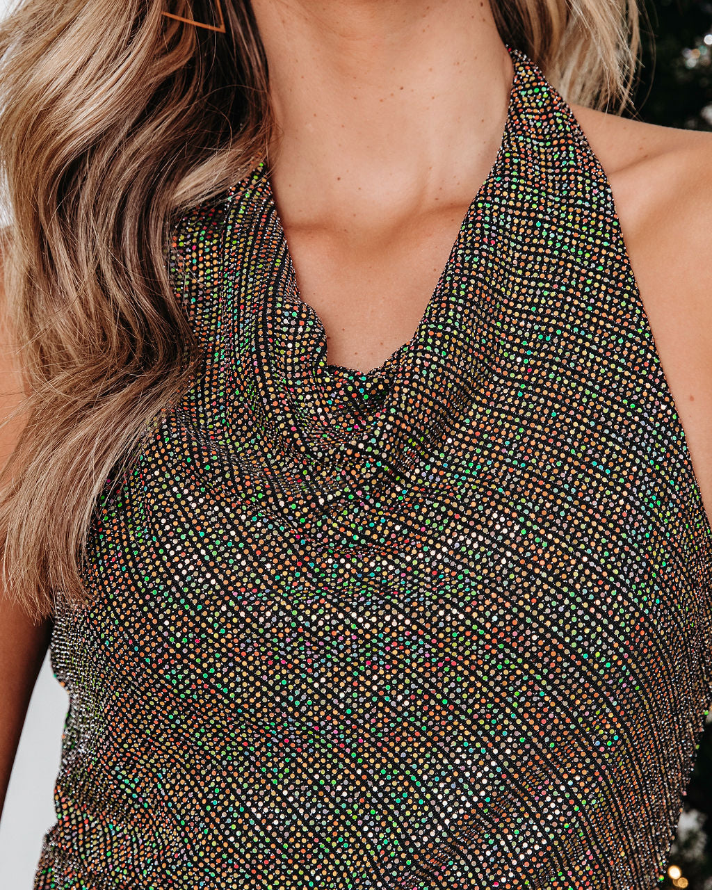 Disco Fever Shimmer Halter Cowl Neck Maxi Dress - Gold