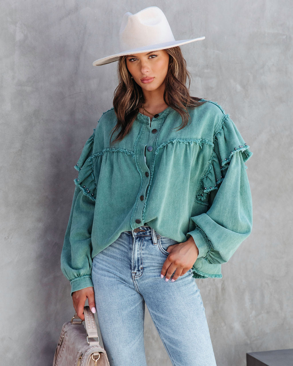 Darcey Denim Studded Frayed Lightweight Jacket - Jade Green - SALE