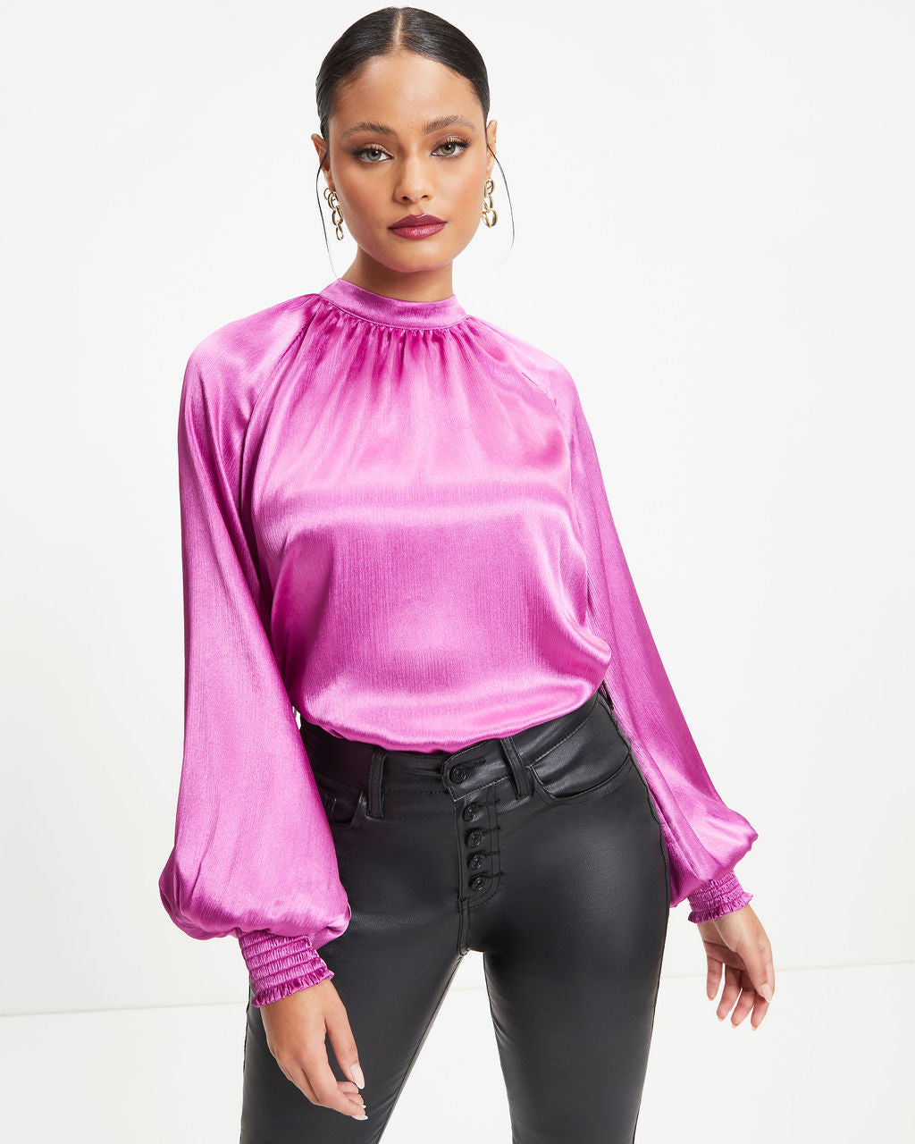 Jaylene Satin Long Sleeve Top - Magenta