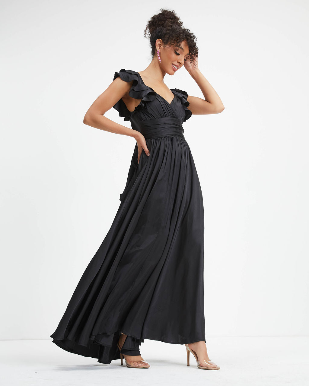First Class Satin Ruffle Cutout Maxi Dress - Black - FINAL SALE