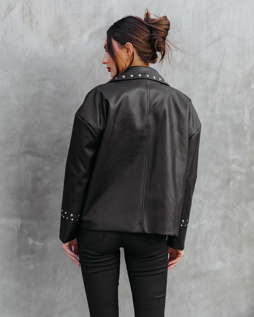 Davidson Faux Leather Pocketed Studded Jacket - Black