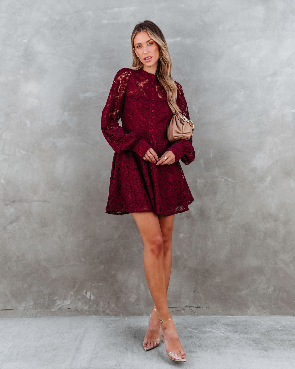 Lila Crochet Lace Mini Dress - Wine - SALE