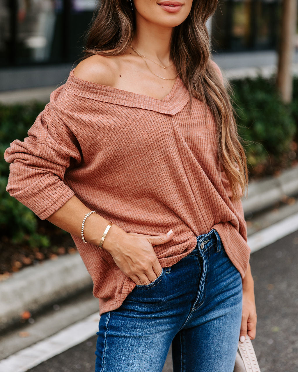 Touch Of Fall Oversized Ribbed Long Sleeve Top - Clay - SALE