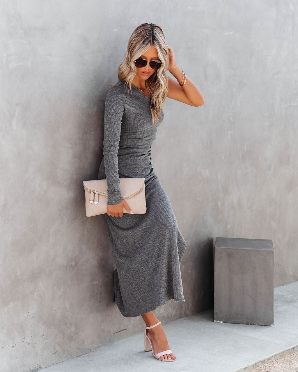 Such A Stunner One Shoulder Ribbed Maxi Dress - Charcoal - FINAL SALE