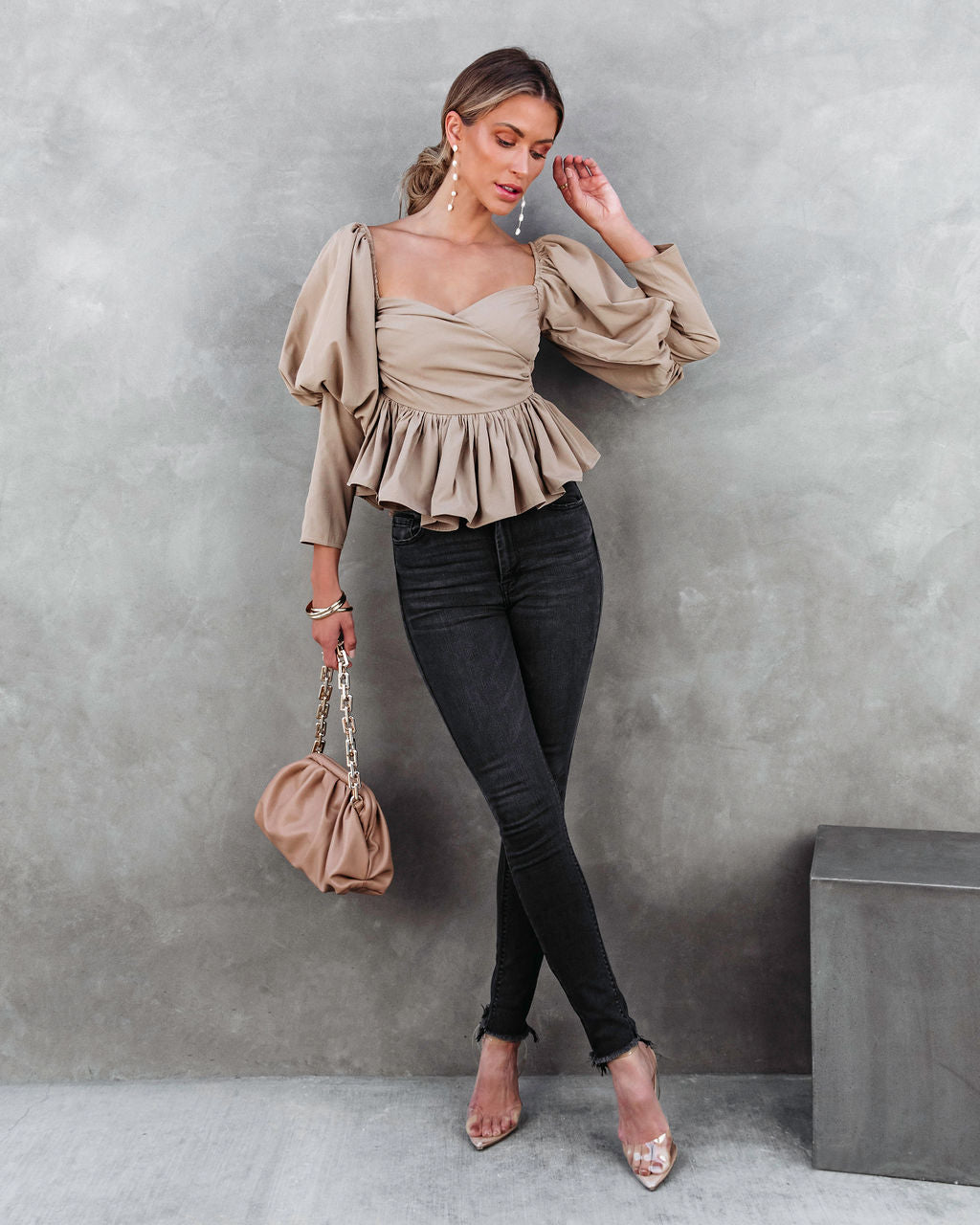 Soph Puff Sleeve Peplum Crop Top - Mocha