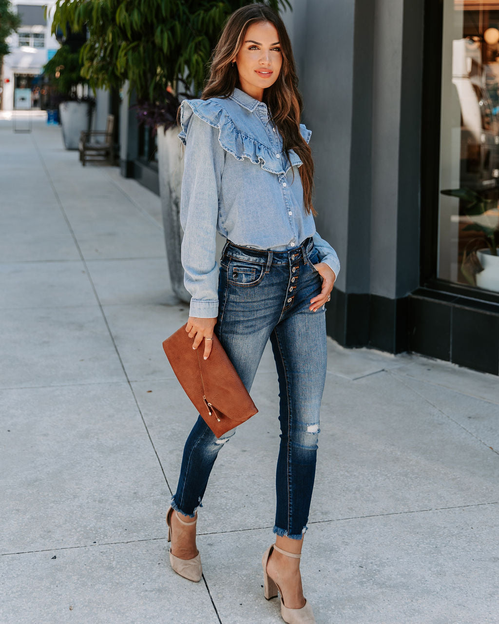 Zephyr Denim Ruffle Button Up Top - SALE