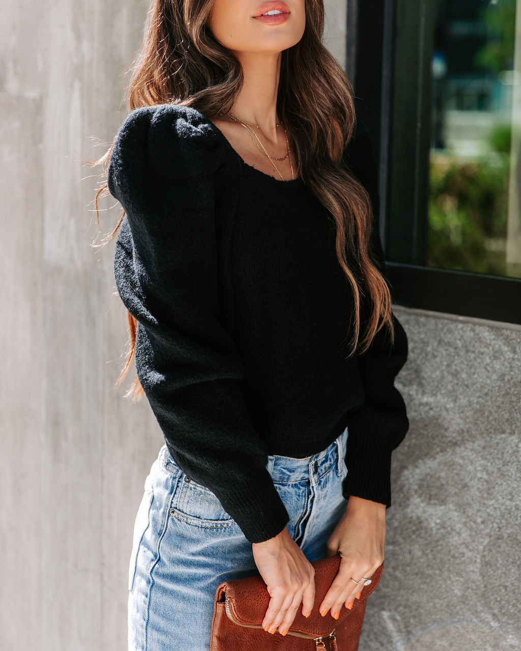 Arianna Knit Puff Sleeve Sweater - Black