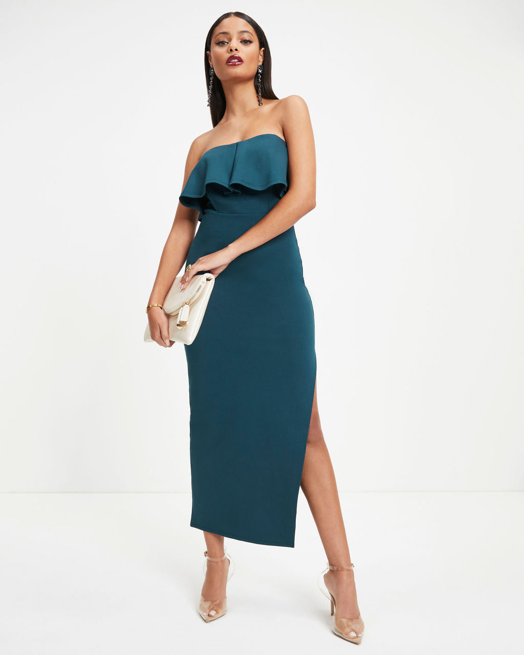 Cheers To The Night Strapless Ruffle Midi Dress - Dark Teal