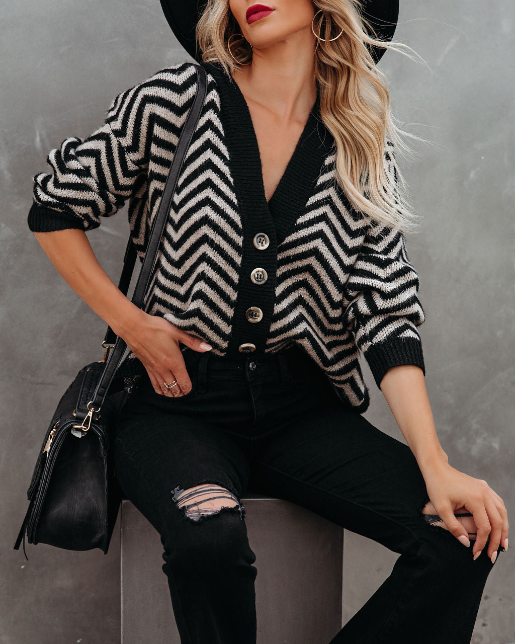 Halston Button Front Chevron Knit Cardigan