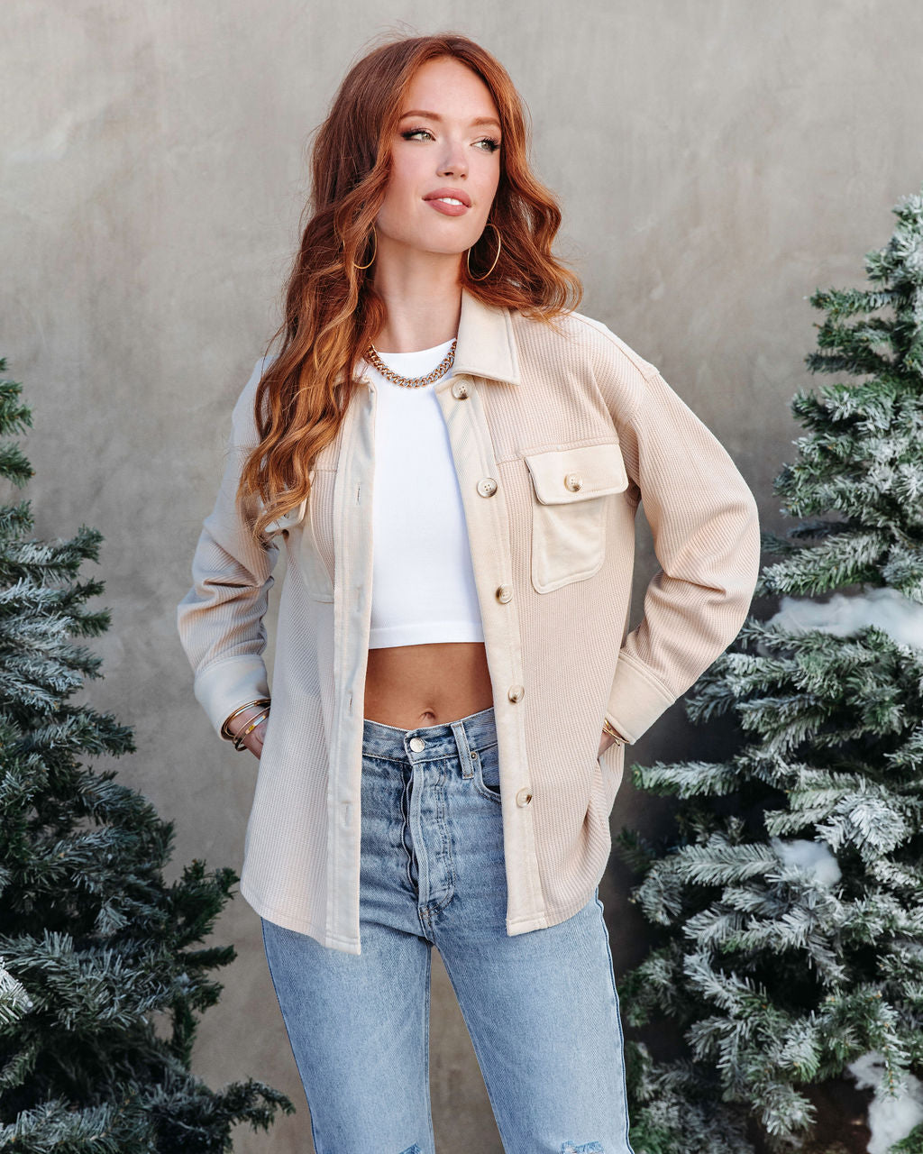 Tiffani Waffle Knit Button Down Top - Oatmeal