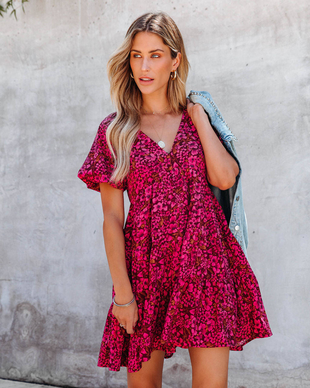 Picking Flowers Tiered Puff Sleeve Babydoll Dress - Burgundy