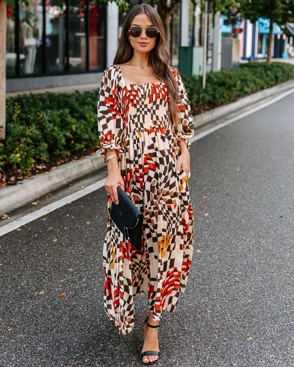 Faye Printed Pocketed Smocked Midi Dress