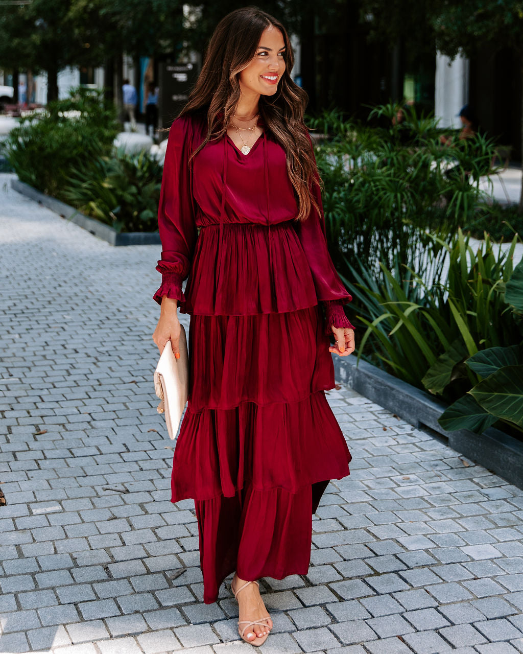 Villain Of My Heart Satin Tiered Maxi Dress - Wine