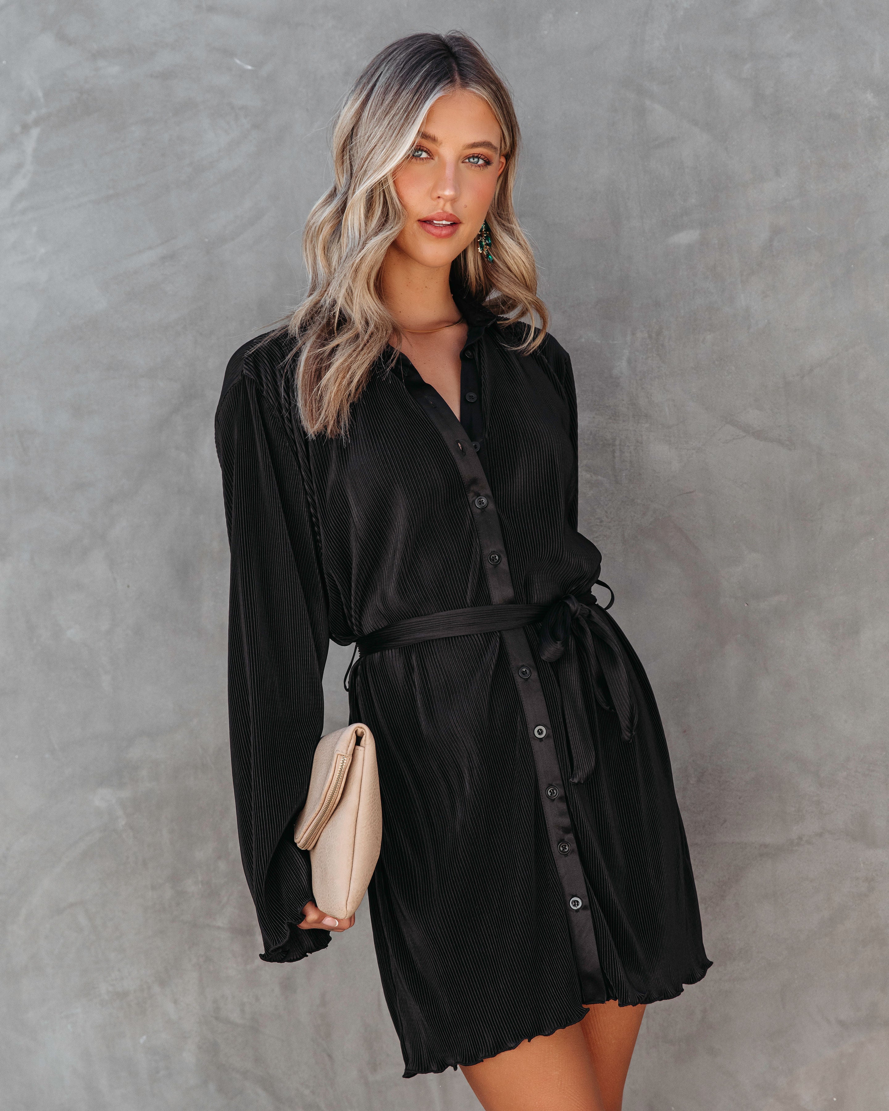 Stellar Vibes Plisse Button Down Shirt Dress - Black