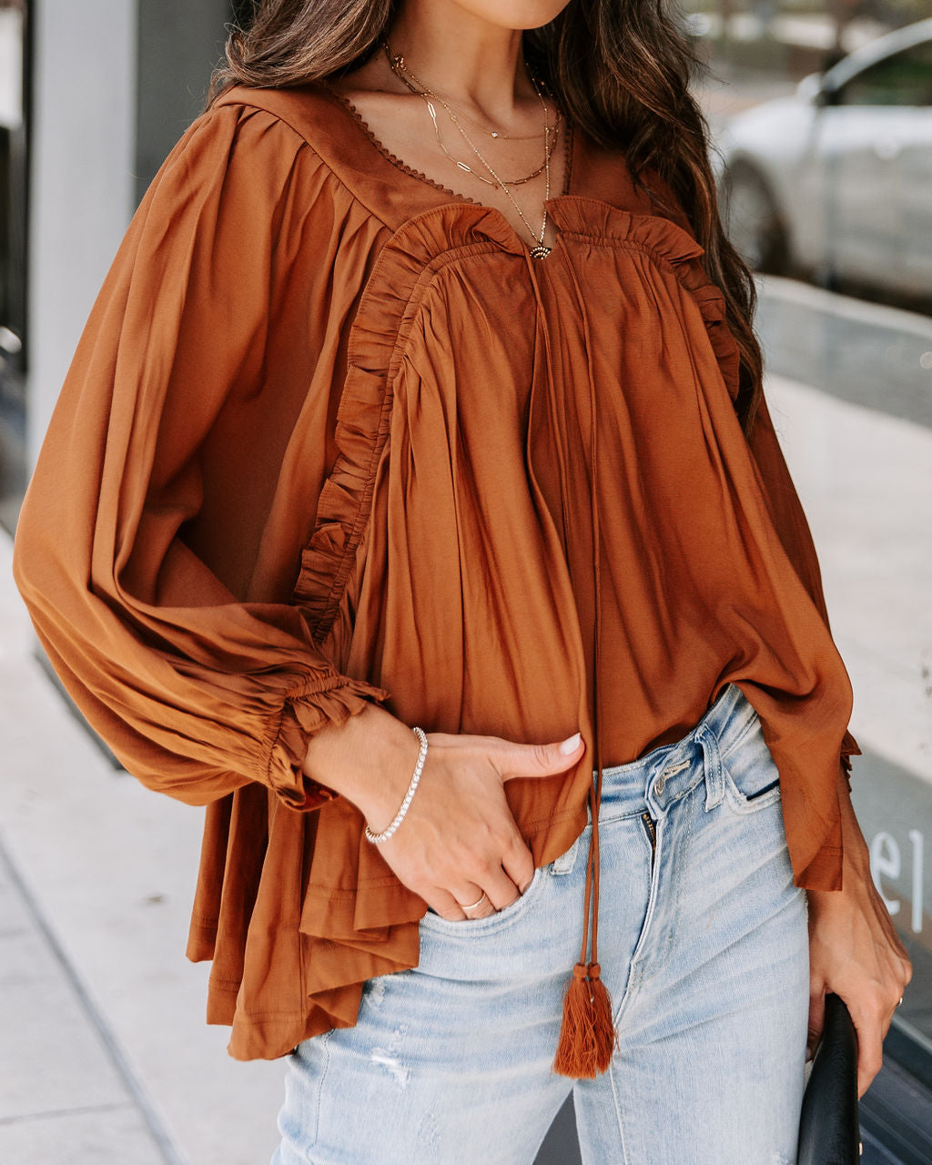 Arrow Ruffle Tassel Tie Top - Cinnamon - SALE