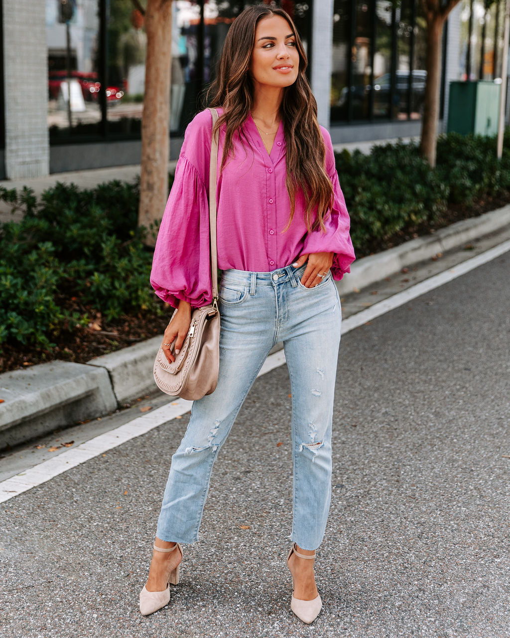 Asher Balloon Sleeve Button Down Top - Magenta - SALE