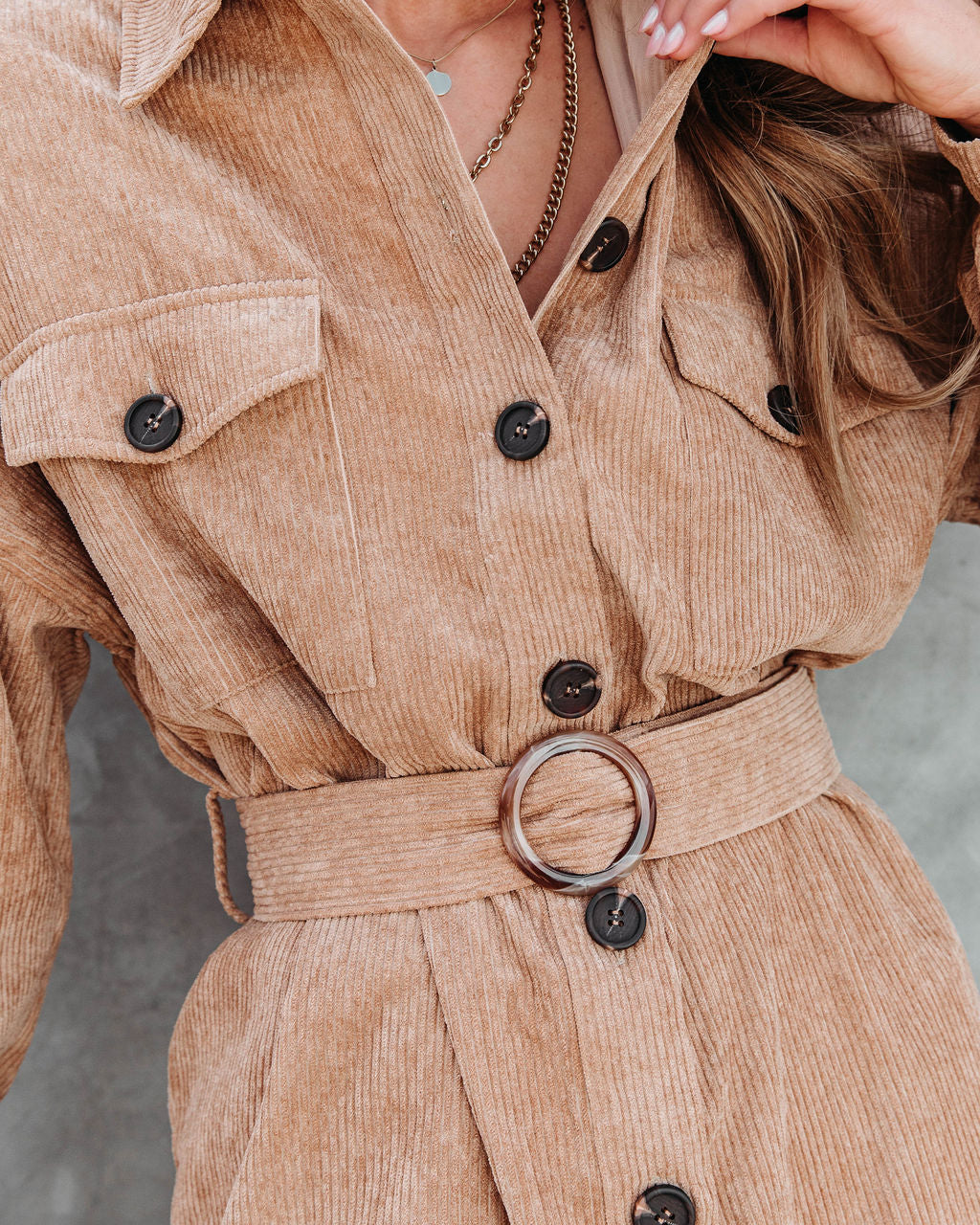Glimpse Of Autumn Corduroy Belted Mini Dress - Camel