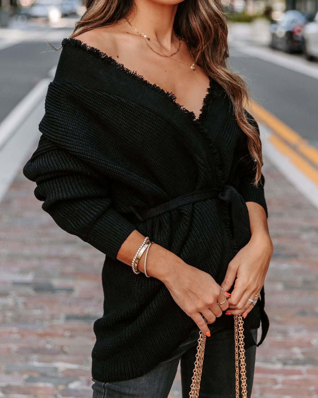 Aurelle Frayed Knit Cardigan - Black