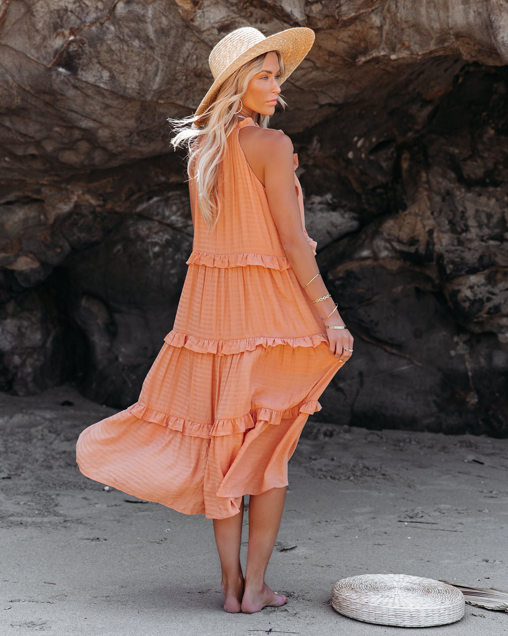 Ballard Cotton Blend Pocketed Tiered Midi Dress - Papaya - FINAL SALE