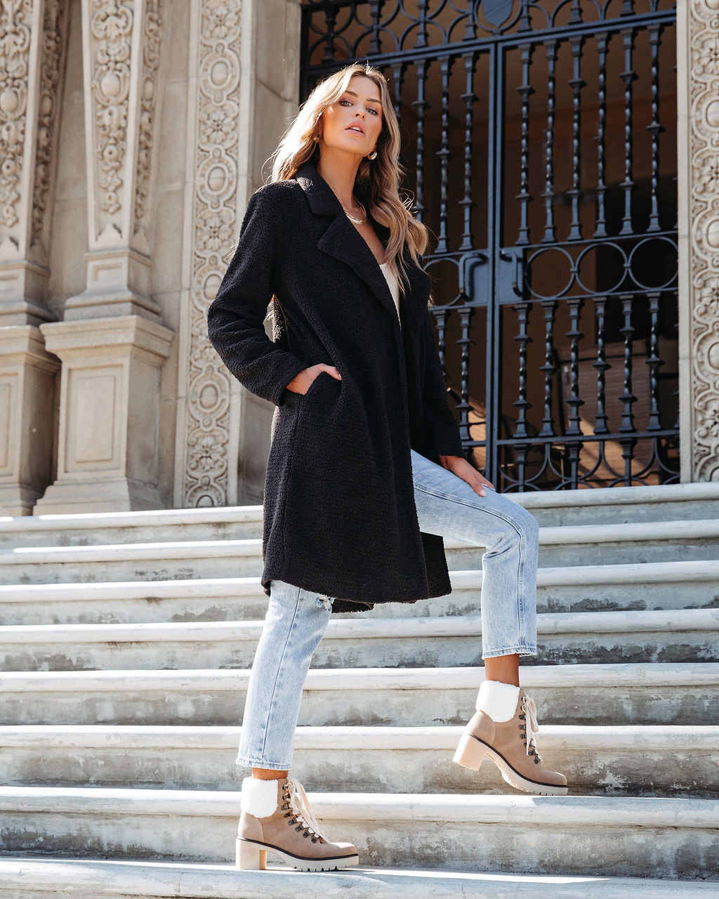 Living And Dreaming Pocketed Teddy Coat - Black