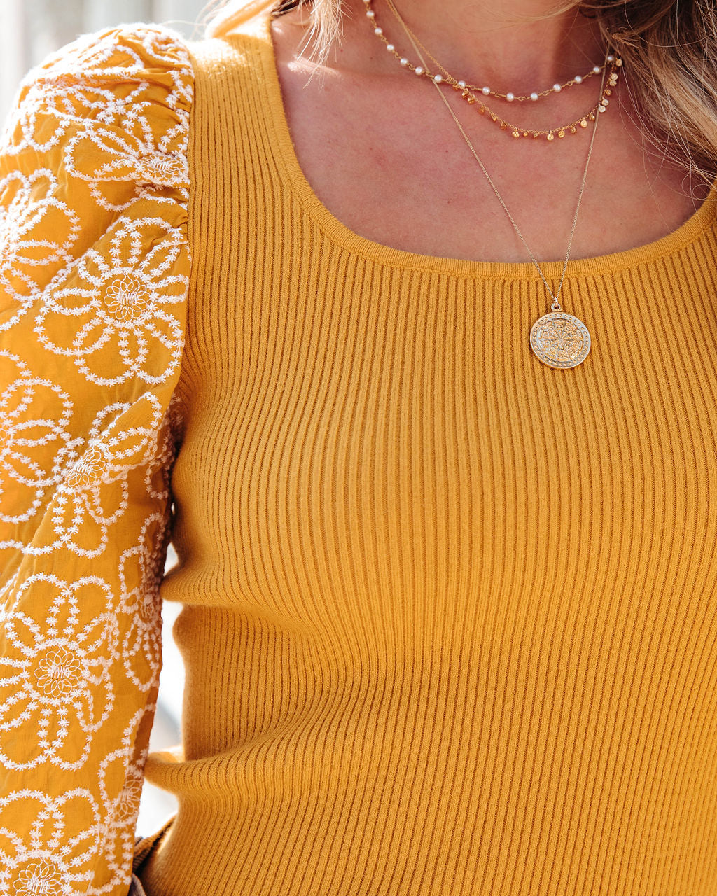 Sunshine Daisies Embroidered Knit Top - Mustard