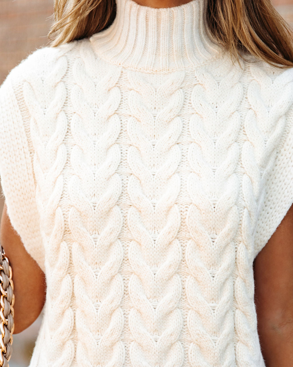 Aspen Glam Cable Knit Turtleneck Sweater Dress - Cream