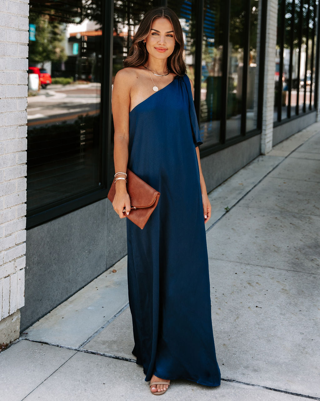 Invite Only Satin One Shoulder Maxi Dress - Navy