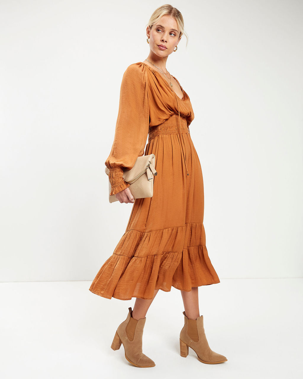 Robbie Satin Midi Dress - Camel
