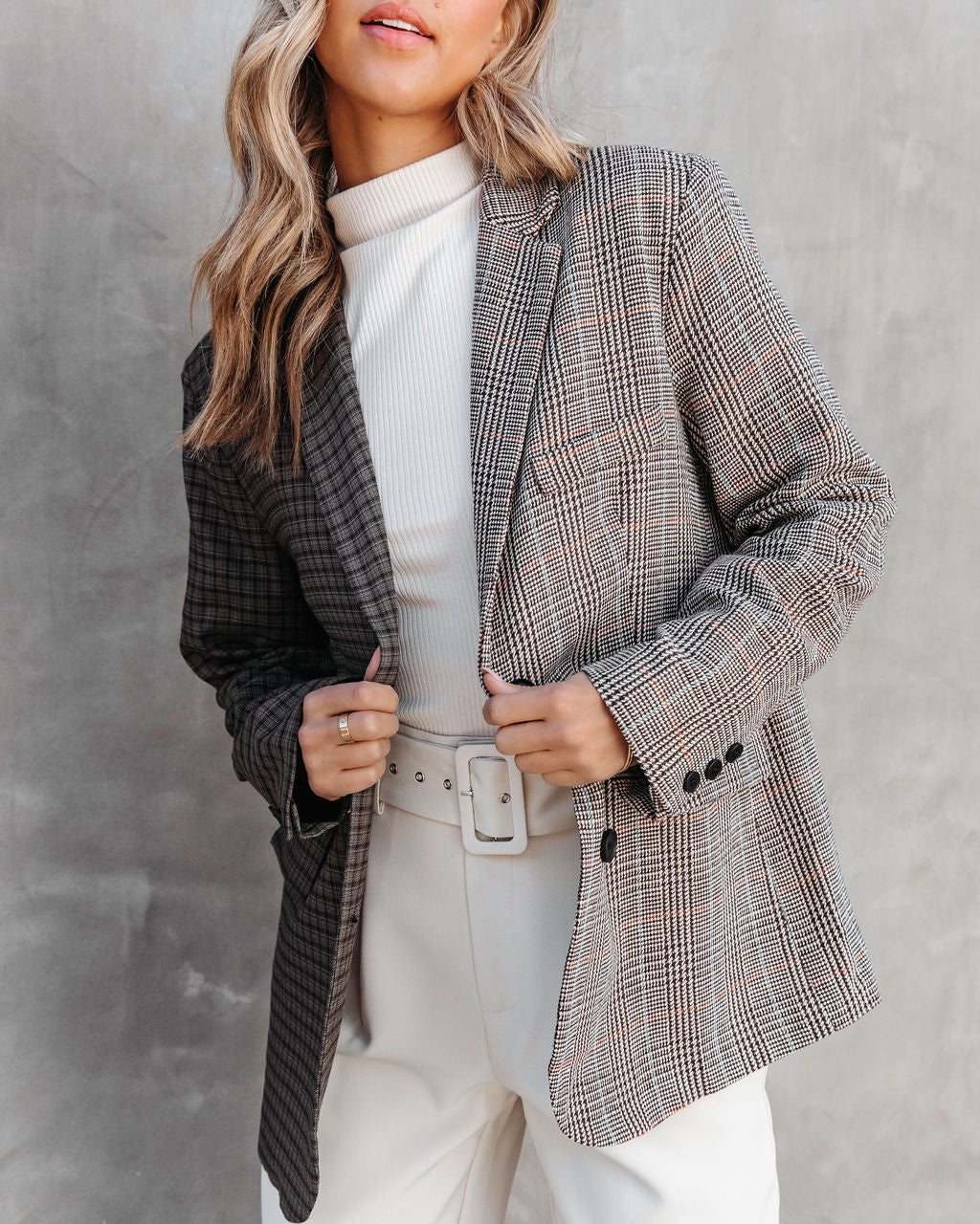 Gemini Mixed Plaid Pocketed Blazer - Brown